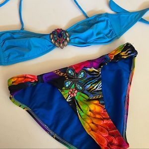 Apollo Swimwear Blue Colorful Bikini with Jewels on Top
